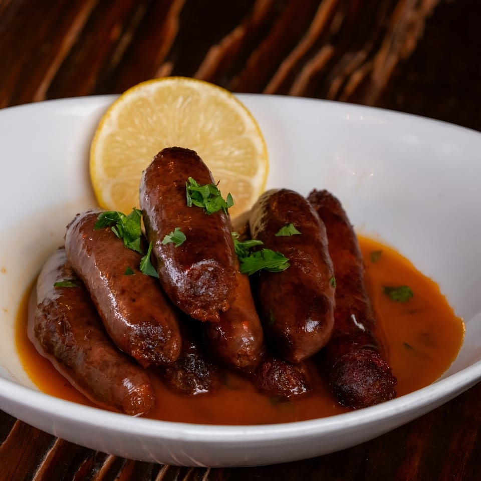 Sirocco's Mediterranean sausages in a rich red sauce, garnished with parsley and a lemon slice.
